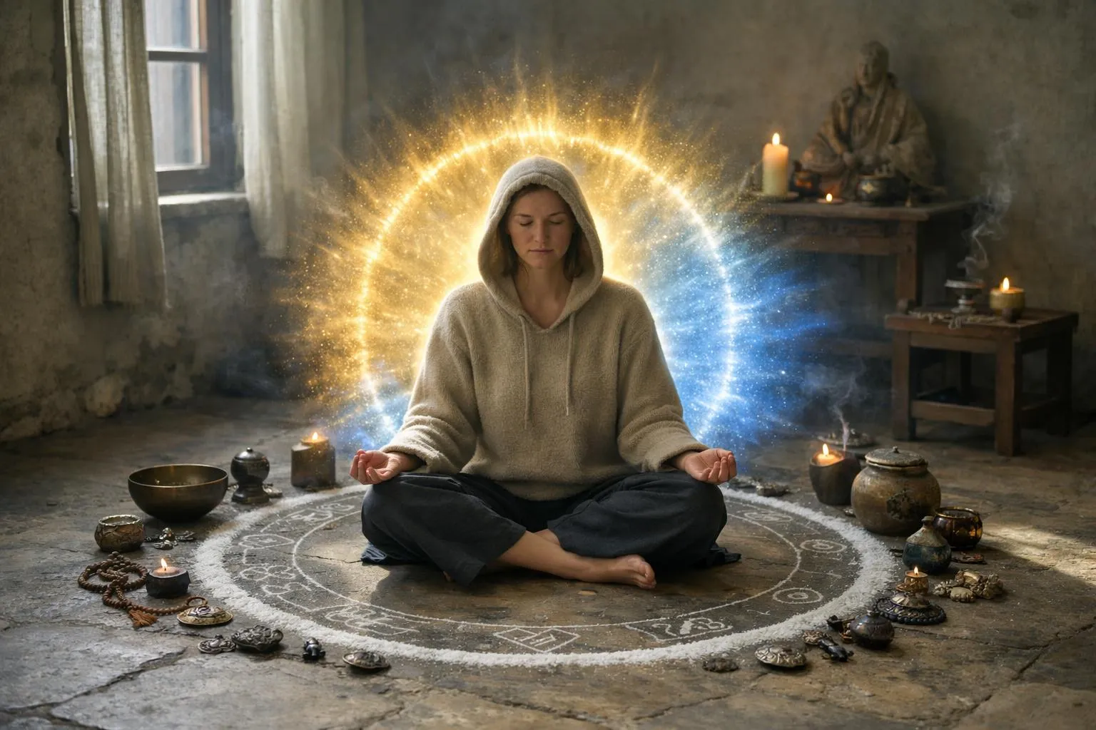 Femme méditant dans un environnement spirituel et mystique.