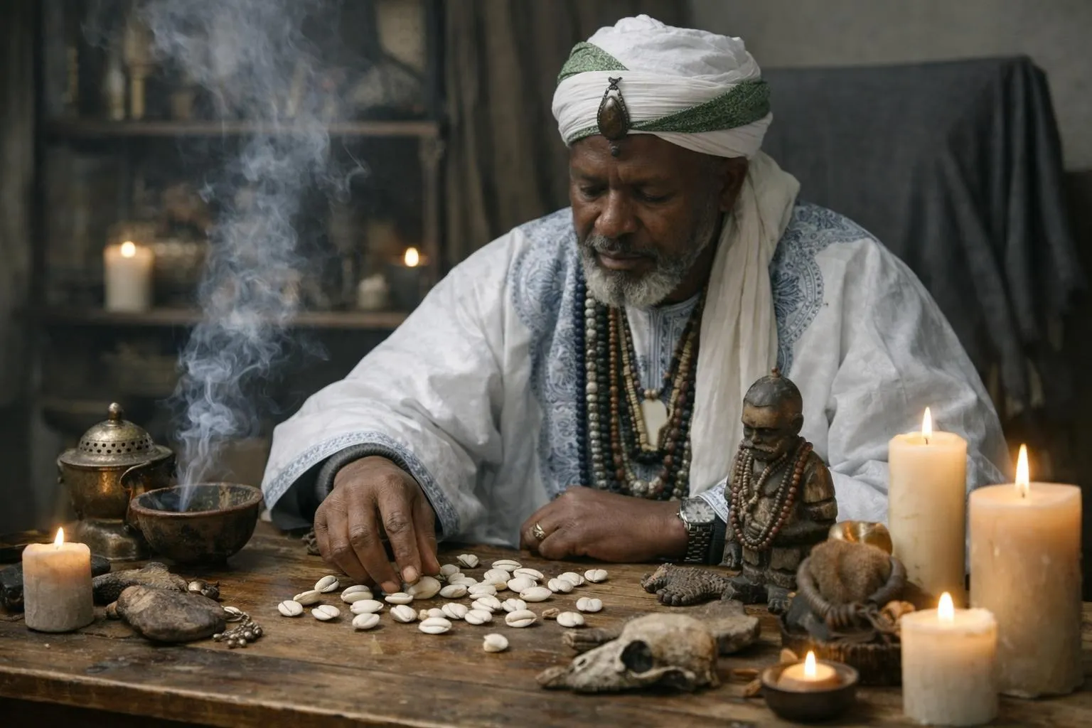 Homme âgé en tenue traditionnelle, méditant sur des pierres et objets rituels.