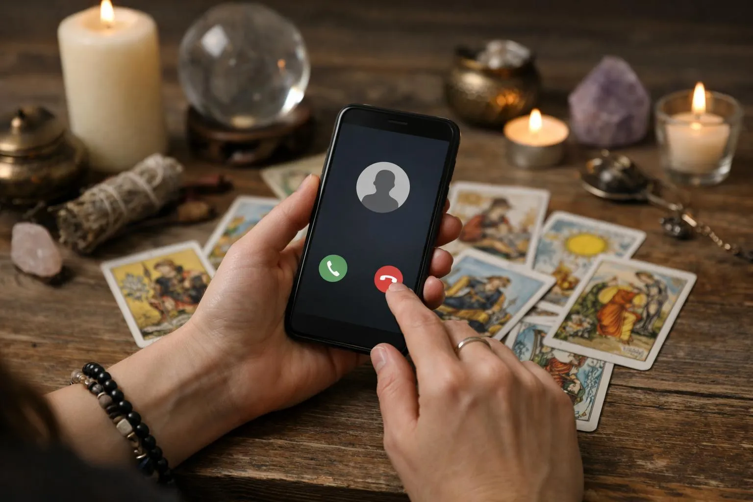 Téléphone portable affichant un appel entrant, entouré d'objets ésotériques.