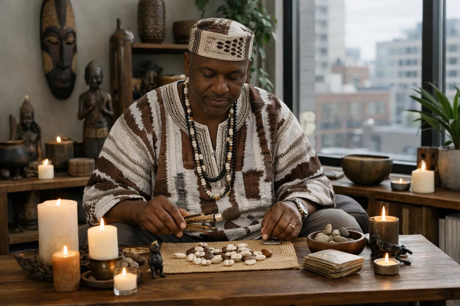 Homme africain en tenue traditionnelle, méditant avec des objets spirituels.