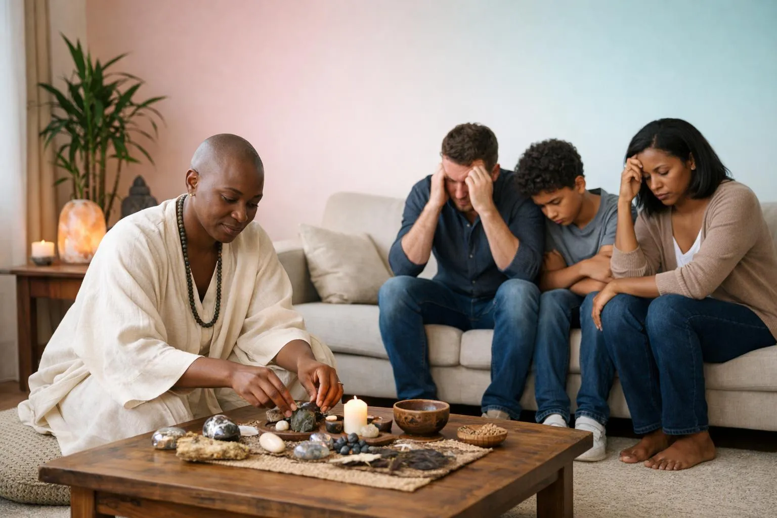 A serene consultation room with warm amber lighting, showing a traditional African practitioner in colorful robes arranging natural elements like stones, herbs, and candles on a low wooden table, while a distressed family sits nearby in a respectful posture, creating an atmosphere of spiritual healing and mediation during a family conflict resolution session