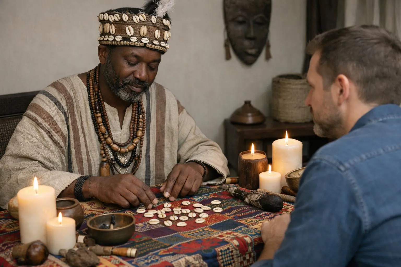 Praticien spirituel africain en tenue traditionnelle consultant des cauris et objets rituels sur table couverte de tissu coloré, bougies allumées créant ambiance chaleureuse intime, client assis en face écoutant attentivement dans espace dédié consultation