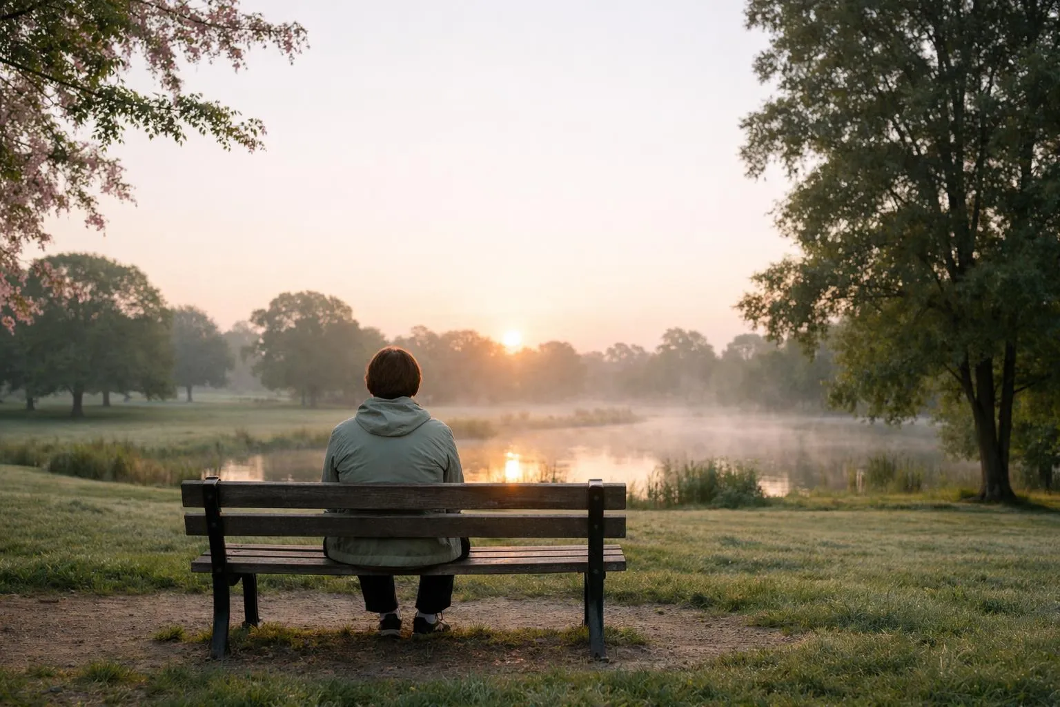 Personne assise seule dans un parc tranquille au lever du soleil, dos tourné à un chemin vide, symbolisant l'acceptation de la rupture et le début du silence radio stratégique dans le contexte de comment récupérer son ex, atmosphère contemplative et apaisée sans aucun texte visible