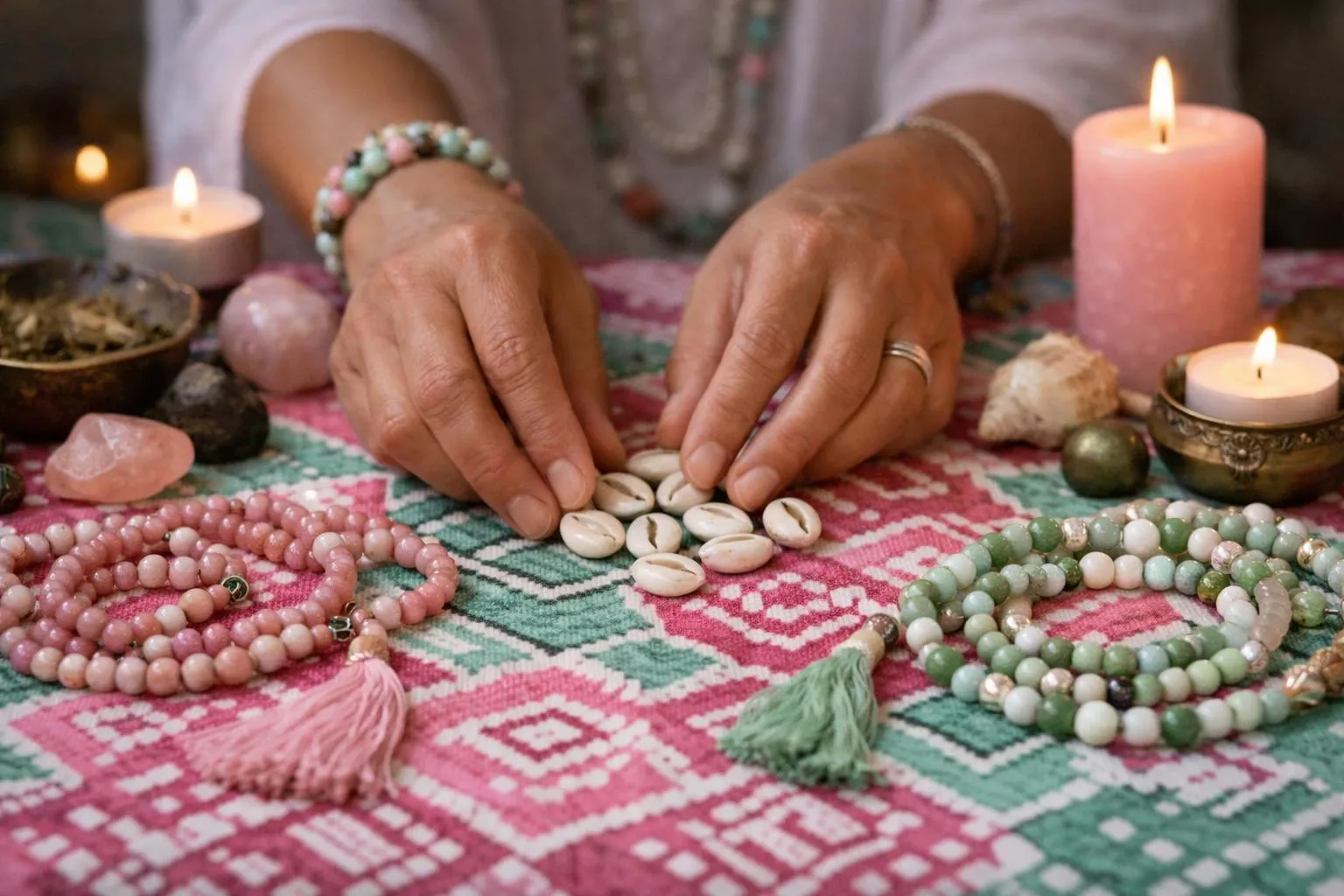 Mains féminines arrangeant des pierres et des perles sur un tapis coloré.