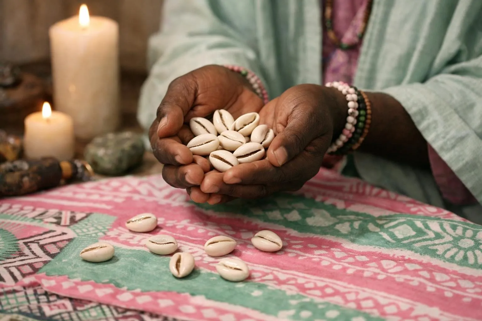 Mains tenant des coquillages blancs sur un tissu coloré avec des bougies allumées.
