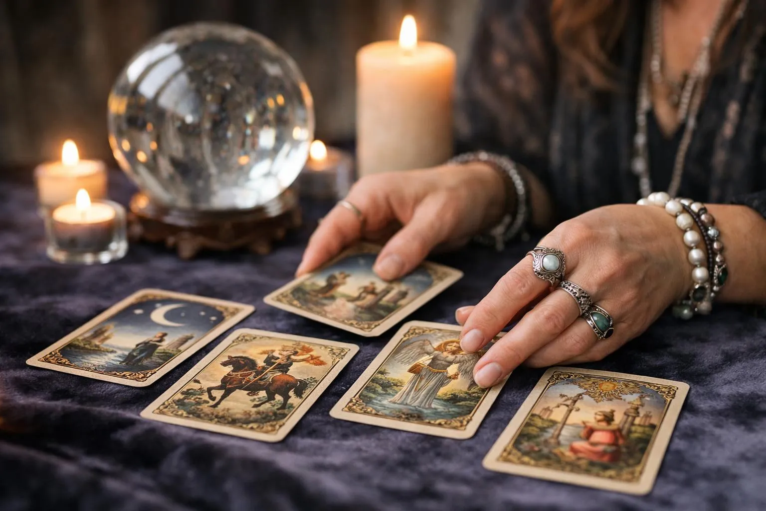 Cartes de tarot, boule de cristal, bougies allumées, mains ornées de bijoux.