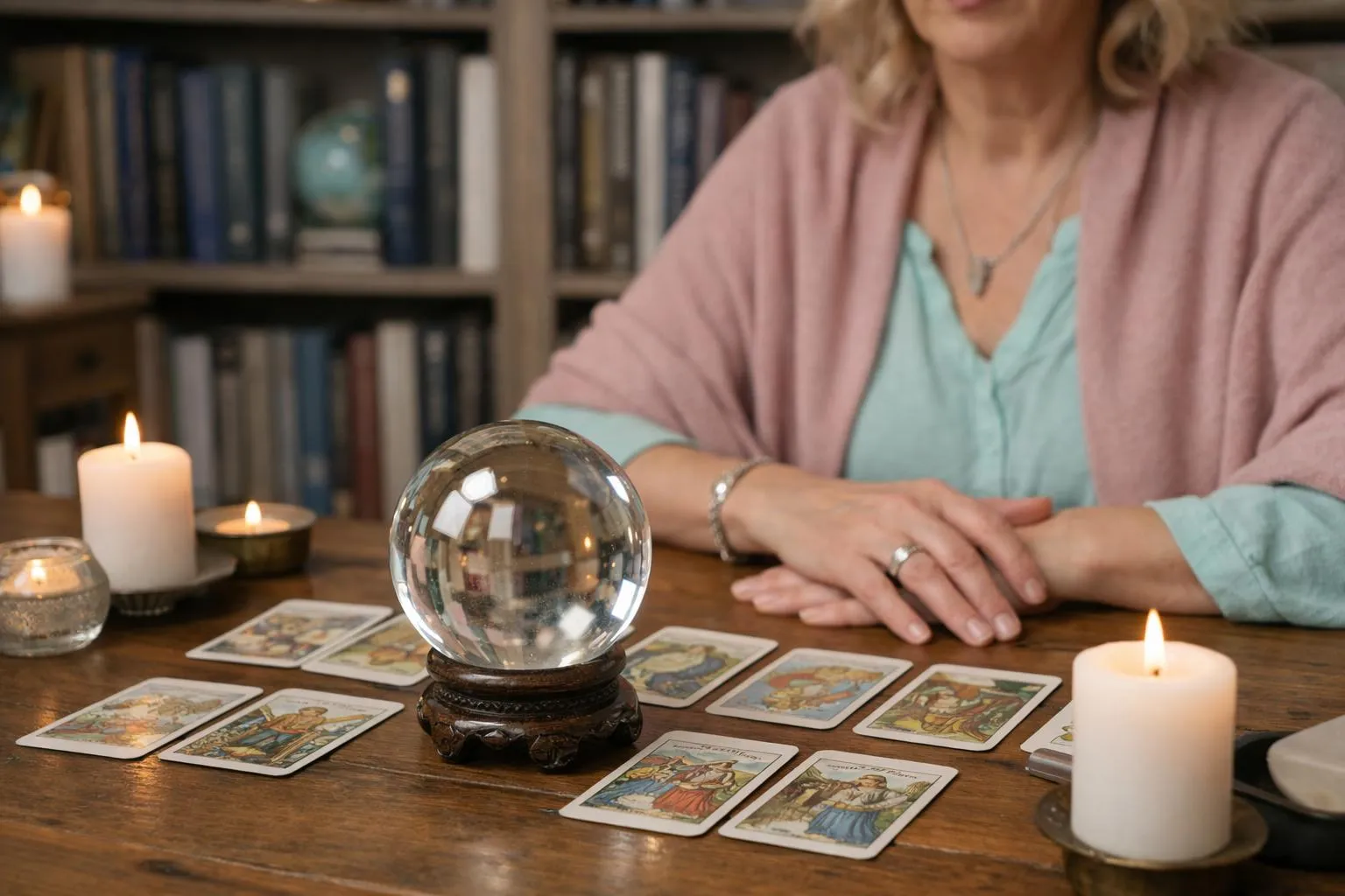 Femme effectuant une séance de divination avec boule de cristal et cartes de tarot.