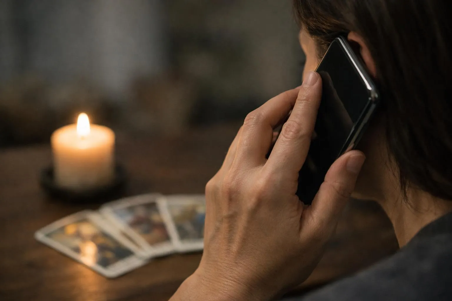 Personne parlant au téléphone dans une atmosphère sombre et intime.