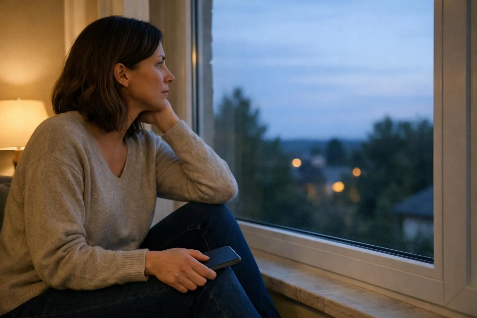 A person sitting alone by a window at dusk, looking pensively outside while holding a phone face-down on their lap, symbolizing the deliberate choice to remain silent and create emotional space in a relationship context. Warm interior lighting contrasts with cool twilight outside. Reflective, introspective mood for spiritual relationship guidance.