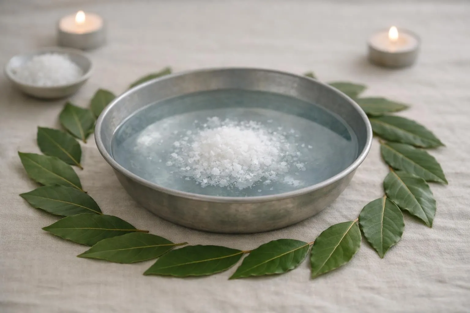 Une bassine en céramique blanche remplie d'eau claire avec du gros sel marin en train de se dissoudre, entourée de sept feuilles de laurier fraîches disposées en cercle, dans une atmosphère calme et purifiée avec une lumière douce tamisée, évoquant un rituel de purification spirituelle ancestral, sans aucun texte ni symbole visible