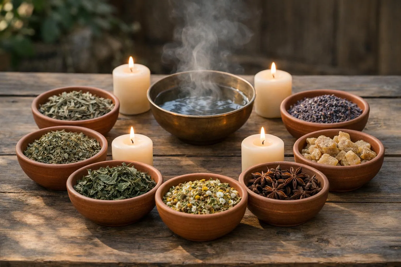 Bols en terre cuite avec épices, herbes et bougies allumées.