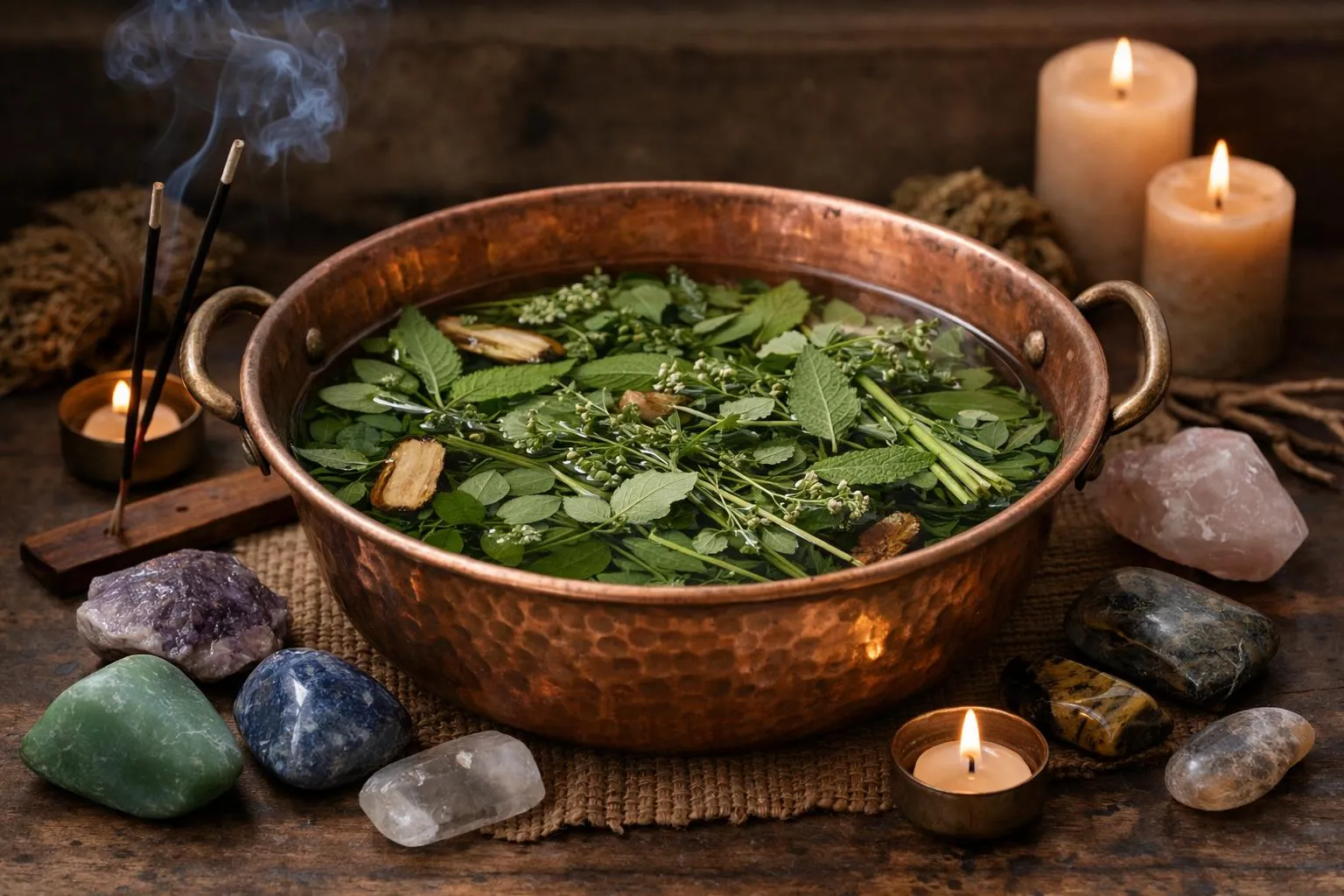 Plantes médicinales dans un bol en cuivre avec des bougies et des pierres.