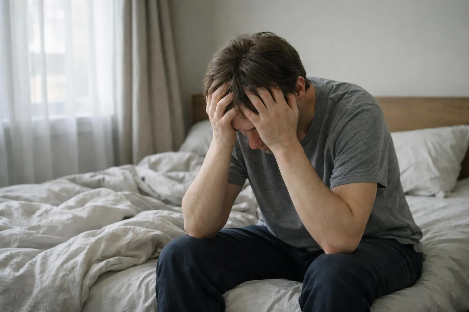 Homme assis sur un lit, le visage caché dans les mains, l'air accablé.