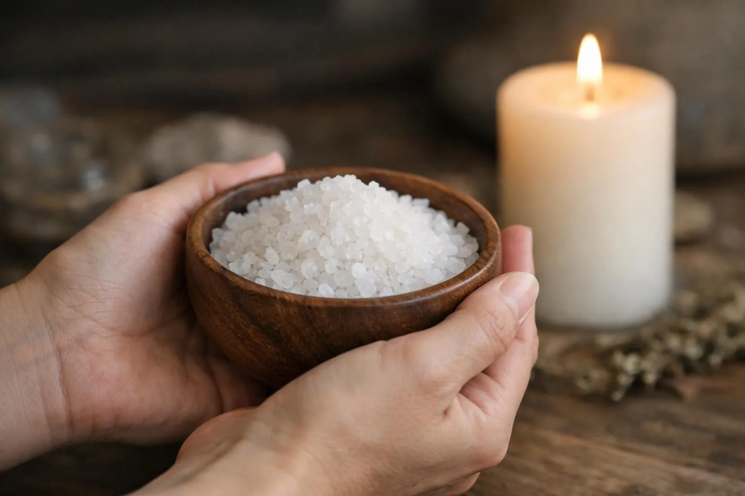 Bol en bois rempli de cristaux de sel de mer, bougie allumée à l'arrière-plan.