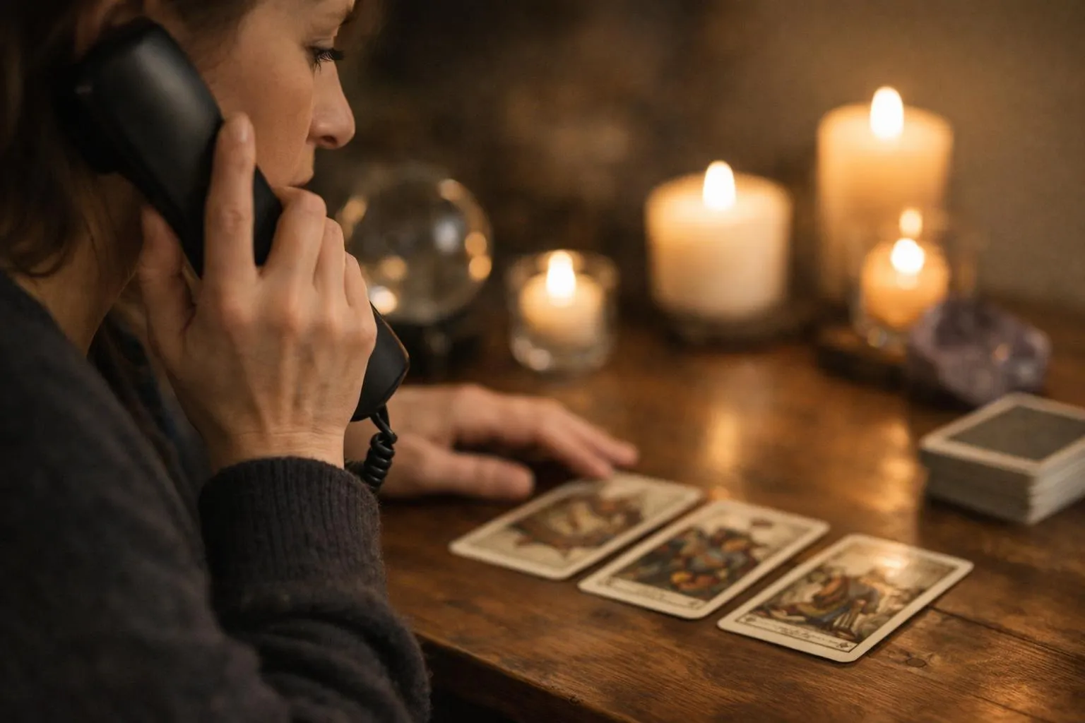 Femme méditant avec des cartes de tarot et des bougies.