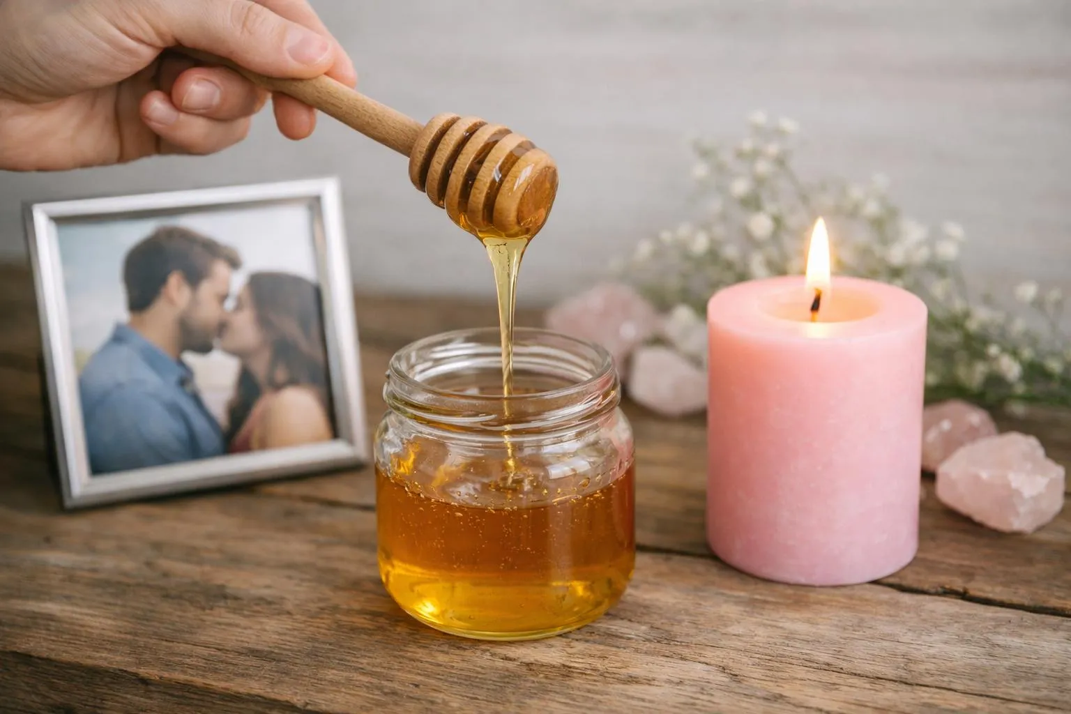 Un pot de miel naturel à côté d'une photographie et d'une bougie rose allumée sur une table en bois rustique avec un éclairage ambiant doux, un rituel spirituel pour attirer l'amour.