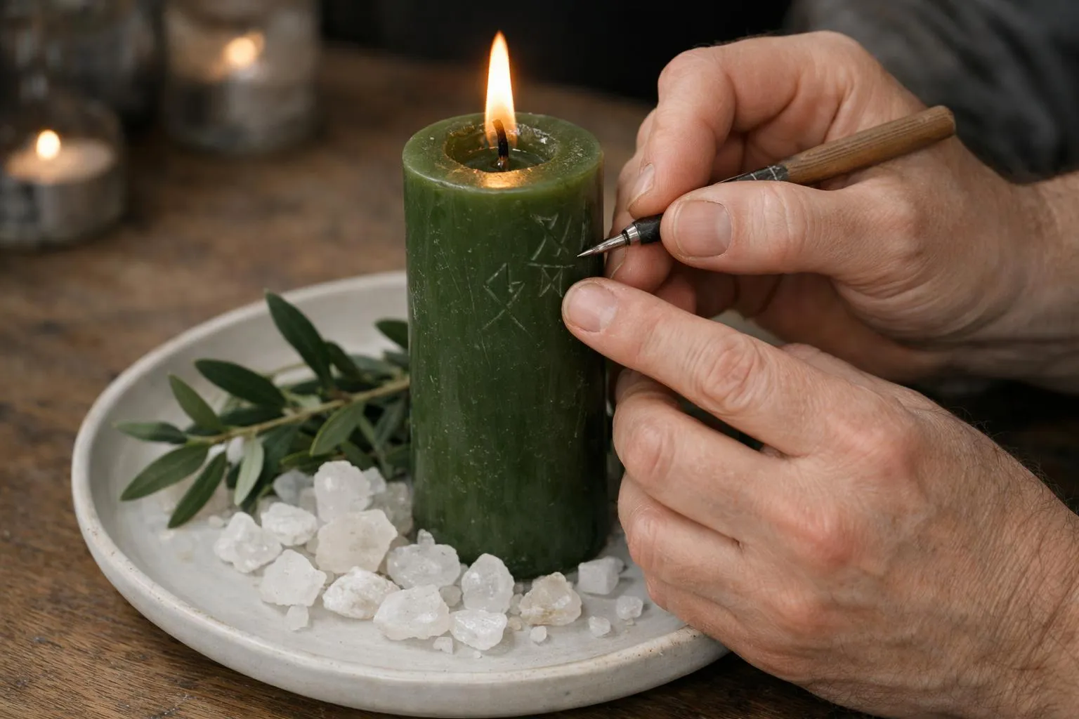 Hands carefully carving symbols into a green ritual candle with a wooden needle on a white ceramic plate, surrounded by scattered olive leaves and salt crystals, warm candlelight illuminating the preparation ritual for spiritual work