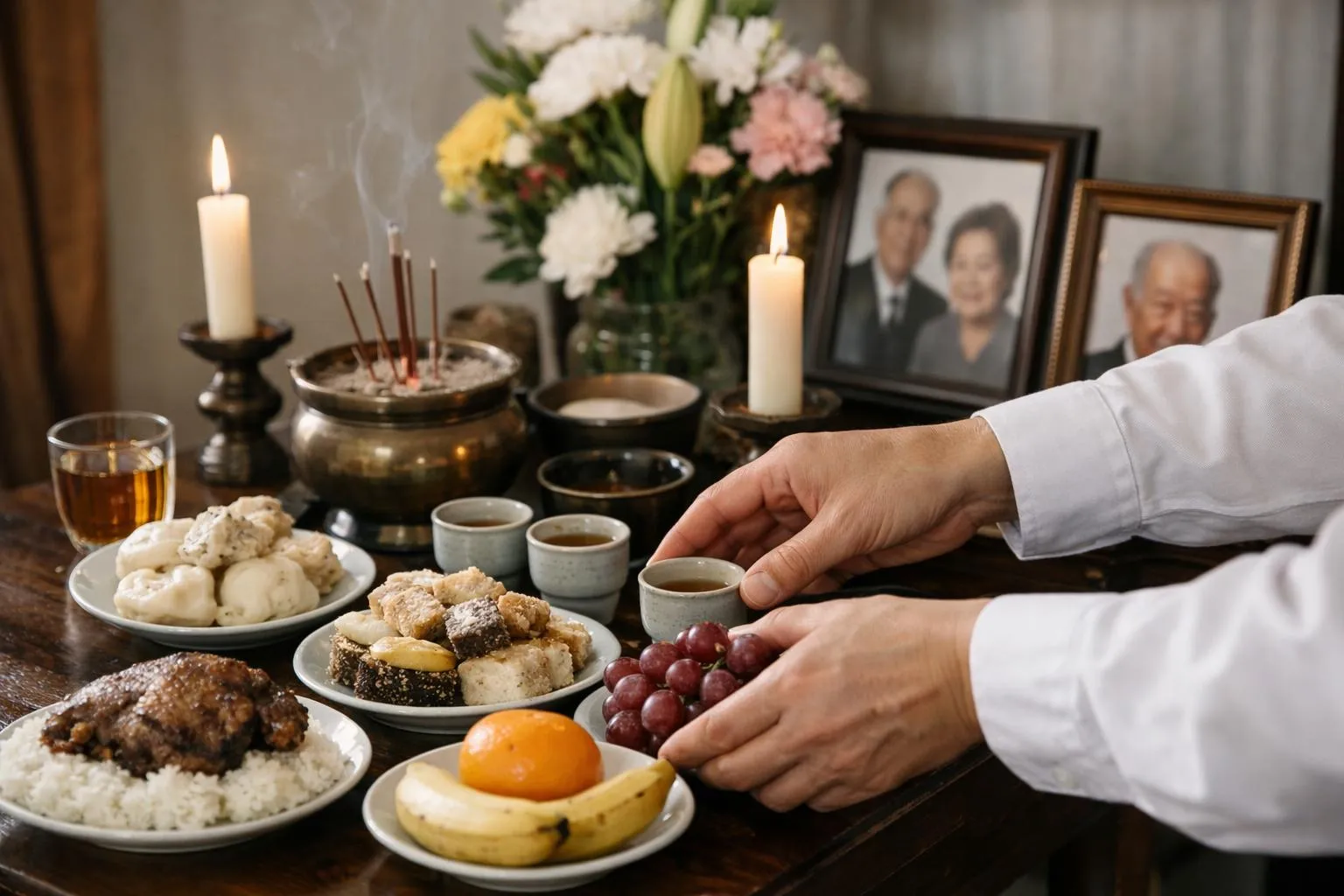 Repas funéraire avec plats traditionnels, bougies allumées et cadres photos.