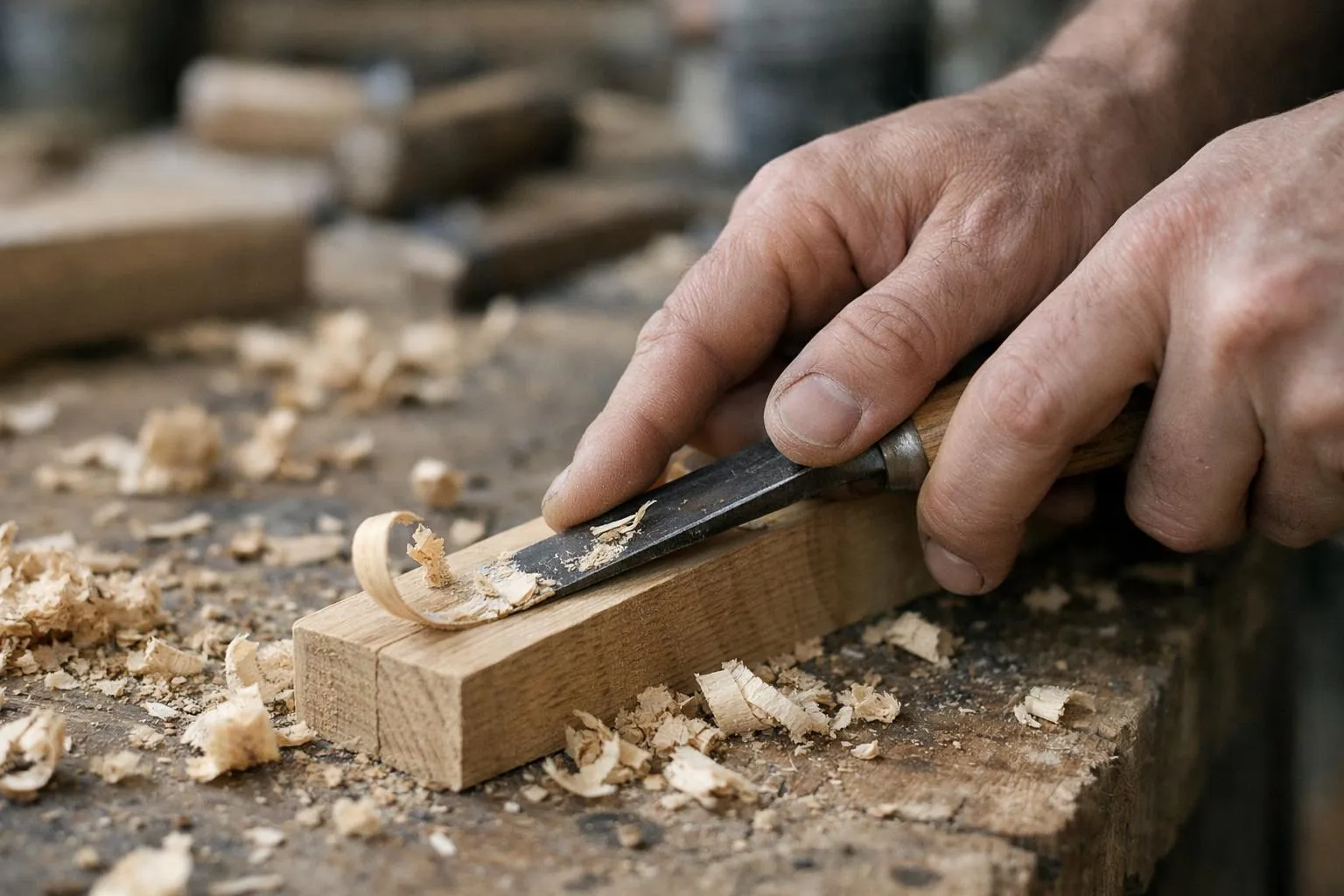 Mains d'un artisan travaillant le bois avec un rabot.