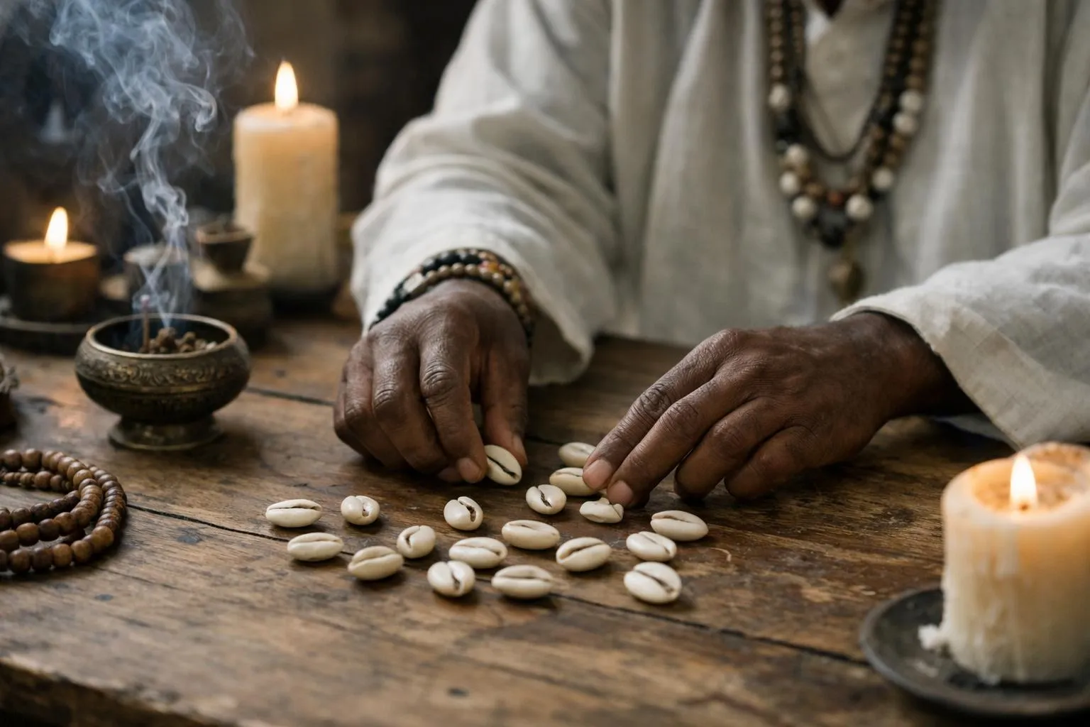 Mains d'un guérisseur arrangeant des grains de café sur une table.