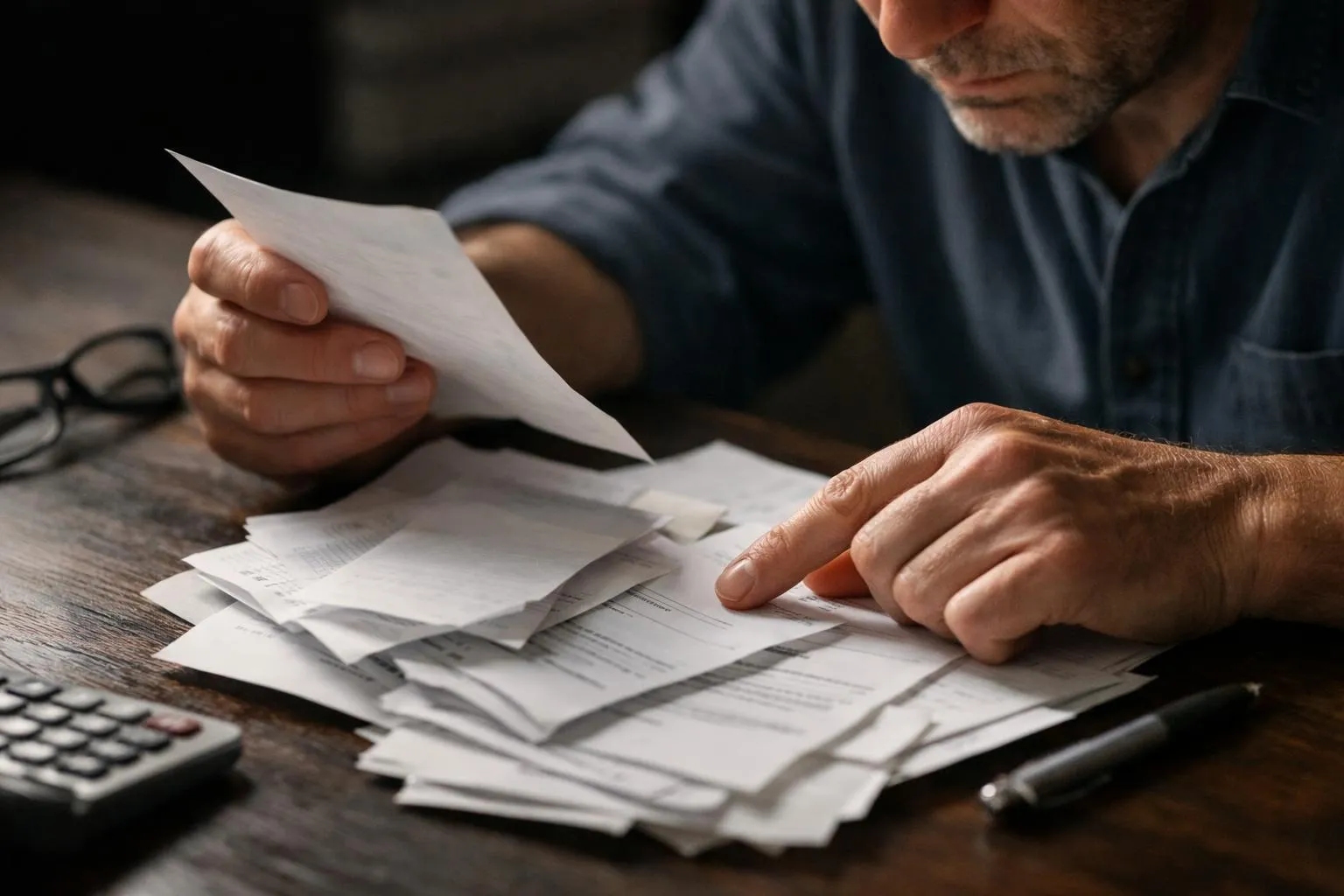 Homme âgé examinant attentivement des documents sur un bureau.