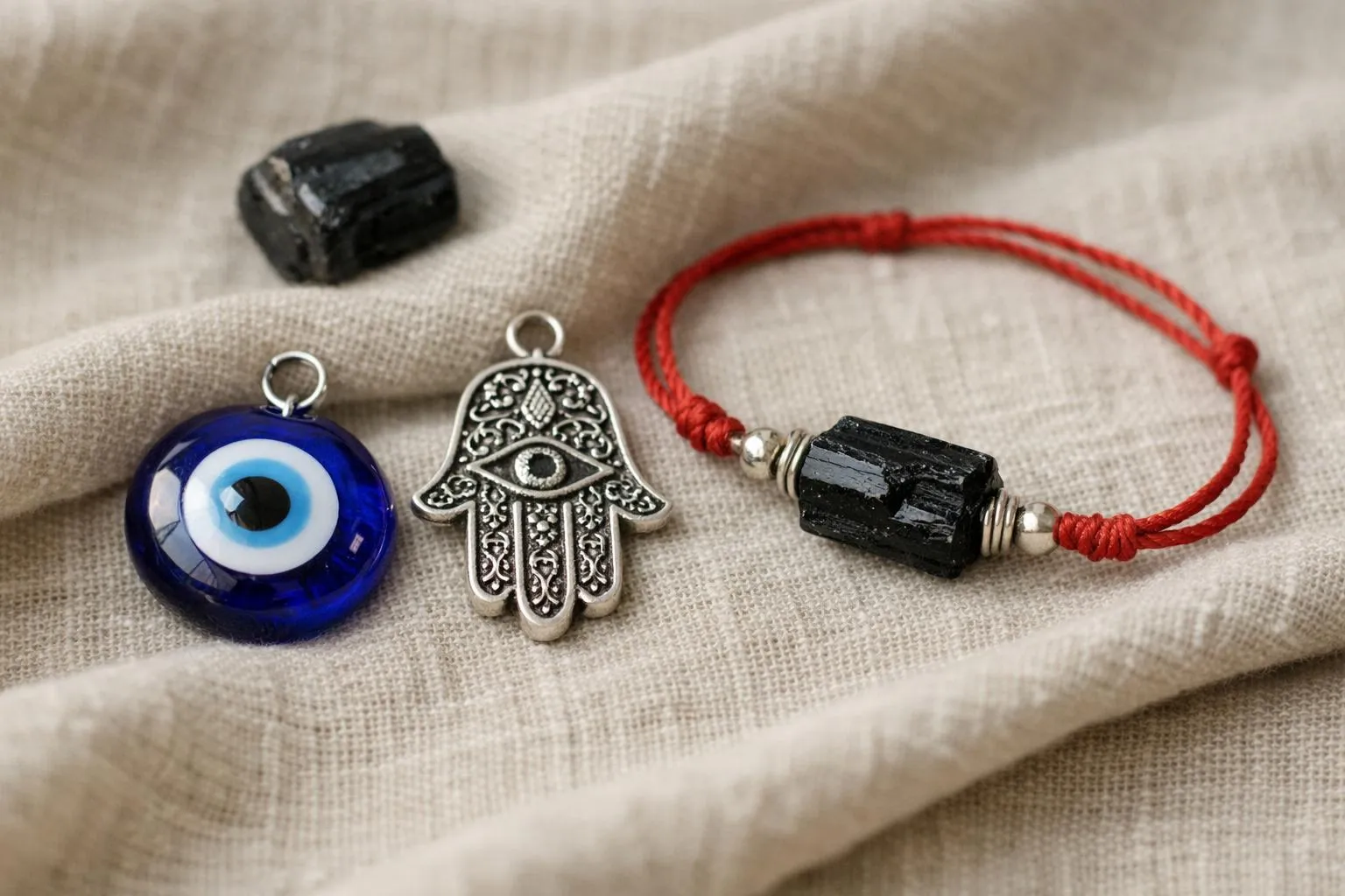 Amulettes, pierres précieuses et bijoux sur textile beige.