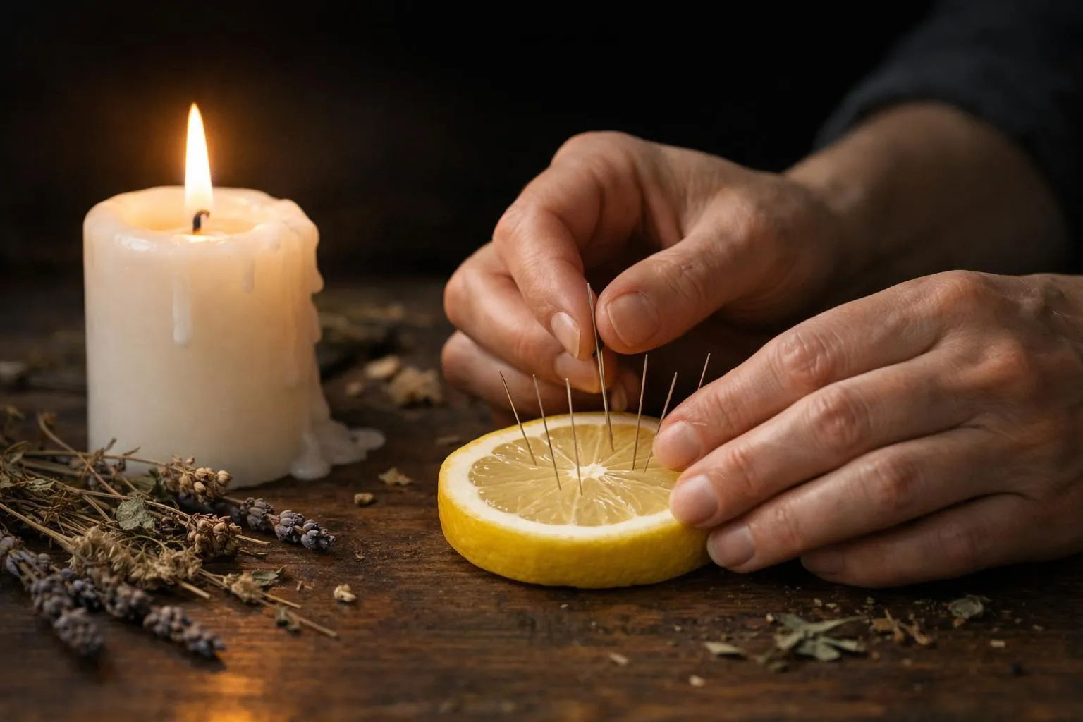Un citron jaune frais transpercé d'épingles noires, à côté d'une bougie blanche allumée, avec des herbes séchées éparpillées sur une surface en bois sombre, la douce lueur de la bougie créant des ombres mystiques.