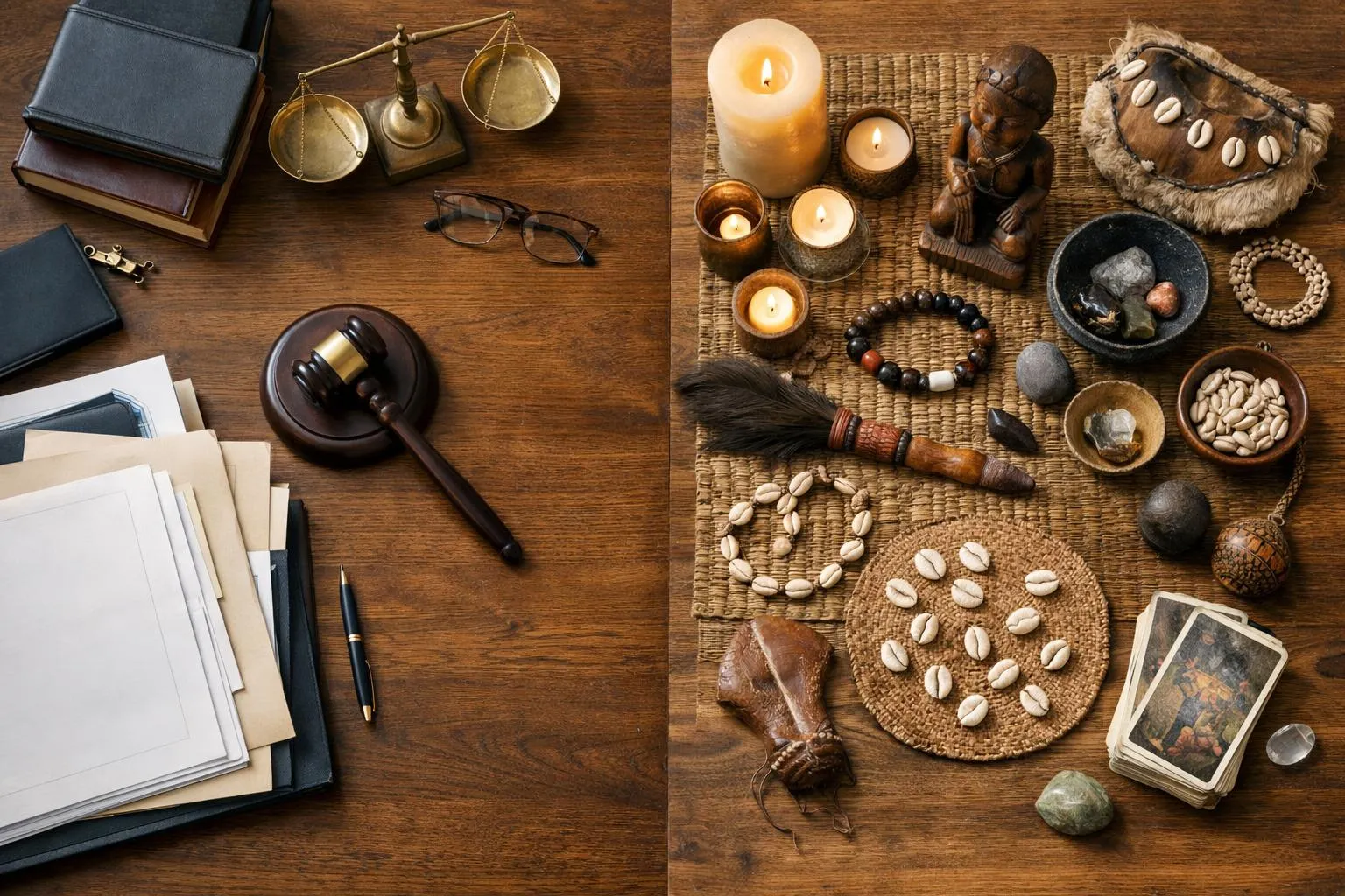 A serene consultation room with two distinct workspaces side by side: on the left, a desk with legal documents, a gavel, and law books representing legal support; on the right, ritual candles, spiritual artifacts, and traditional African divination tools representing spiritual guidance. Warm natural lighting creates a harmonious atmosphere showing both worlds coexisting peacefully. No people visible, focus on symbolic objects representing legal and spiritual approaches to conflict resolution.