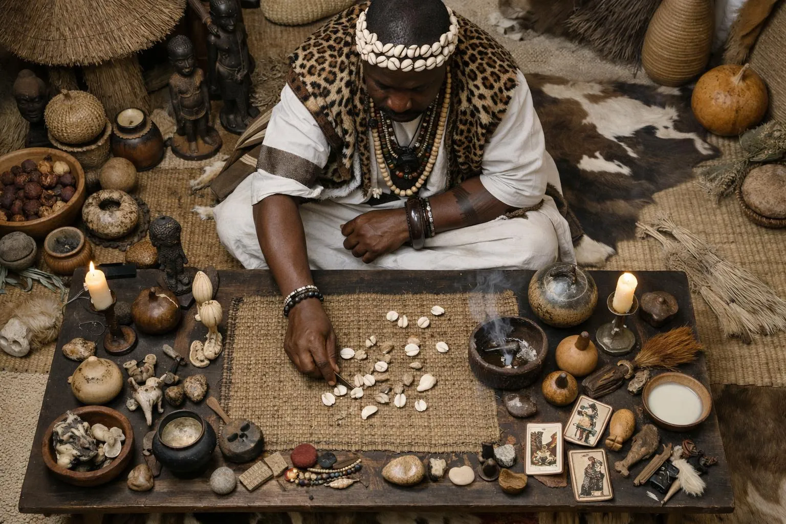 Praticien spirituel africain en tenue traditionnelle colorée assis dans un espace de consultation intime avec bougies, tissus traditionnels et objets rituels authentiques disposés sur une table basse, ambiance chaleureuse et confidentielle