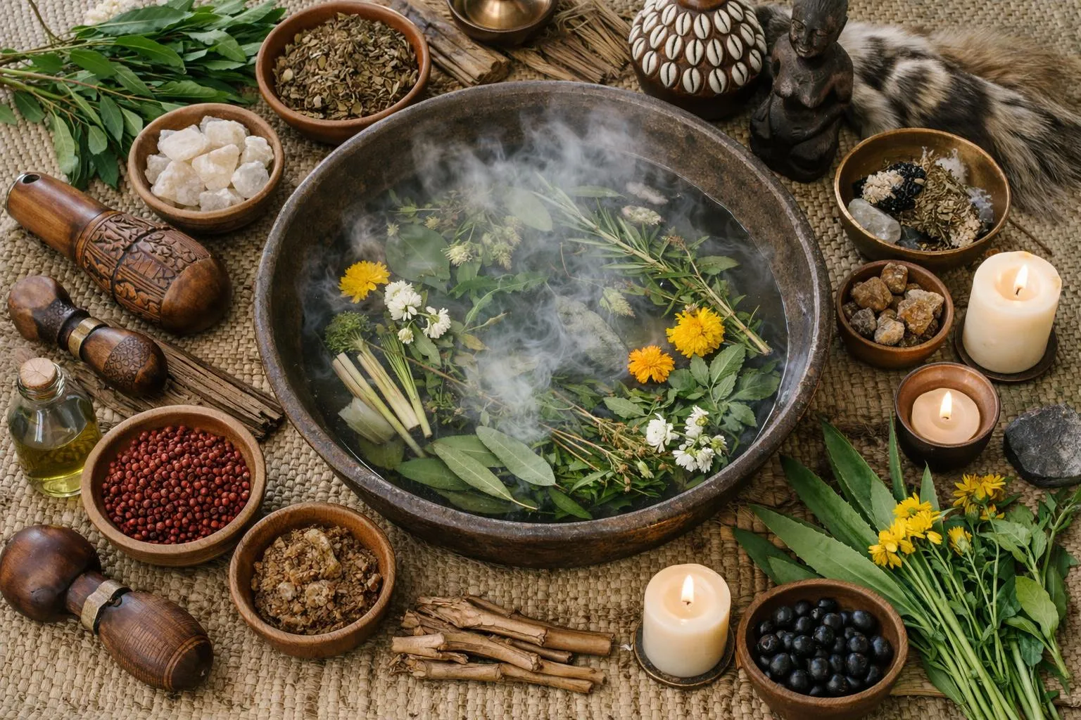 Plante médicinale, herbes aromatiques, épices, bougies, huiles essentielles, composition naturelle.