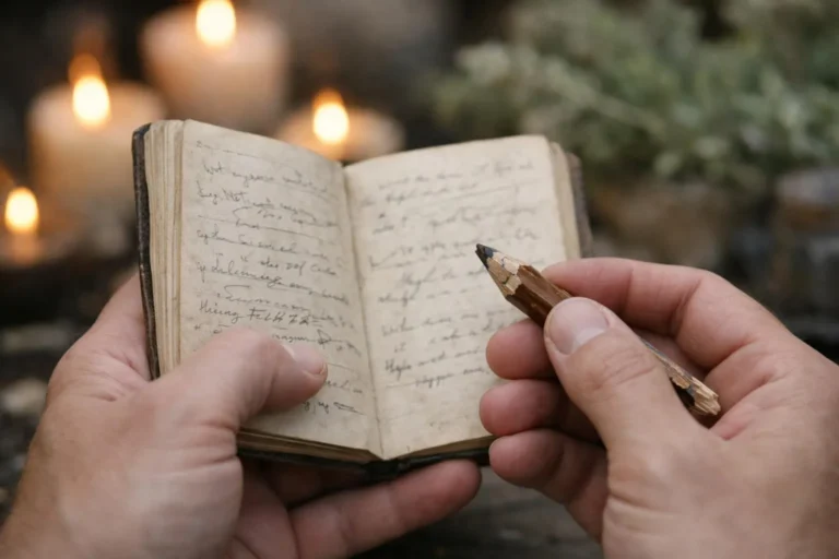 Main tenant un cahier avec notes manuscrites et crayon cassé, entourée de bougies et plantes aromatiques pour rituel de venge