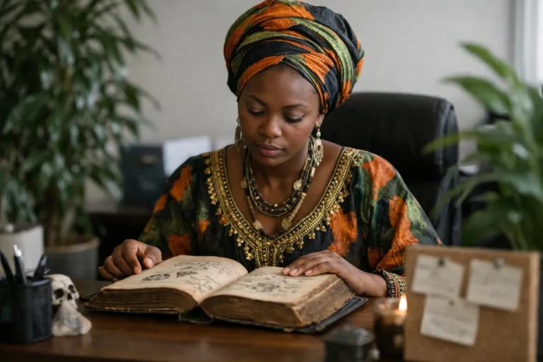 "Femme africaine sérieuse consultant un livre de sorcellerie dans un environnement professionnel"