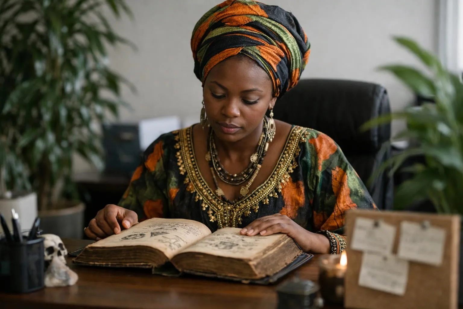 "Femme africaine sérieuse consultant un livre de sorcellerie dans un environnement professionnel"