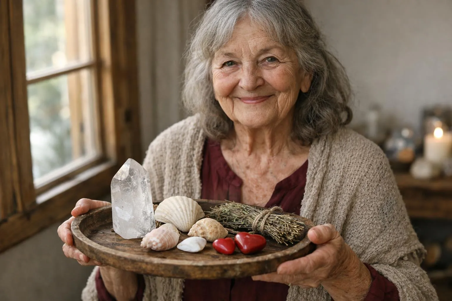 Voyance amour fiable, femme africaine âgée avec des objets ancestraux pour prédire l'amour