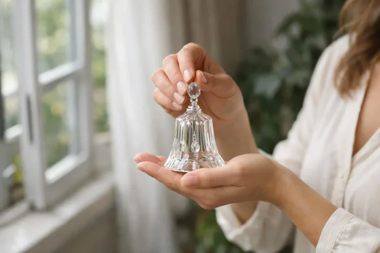 "Femme pratiquant un rituel pour protéger sa maison avec une cloche en cristal"