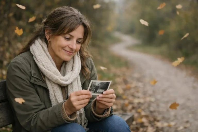 "Femme souriante tenant un cliché photo, sur un chemin de terre, réflexion et progression vers l'amour perdu"