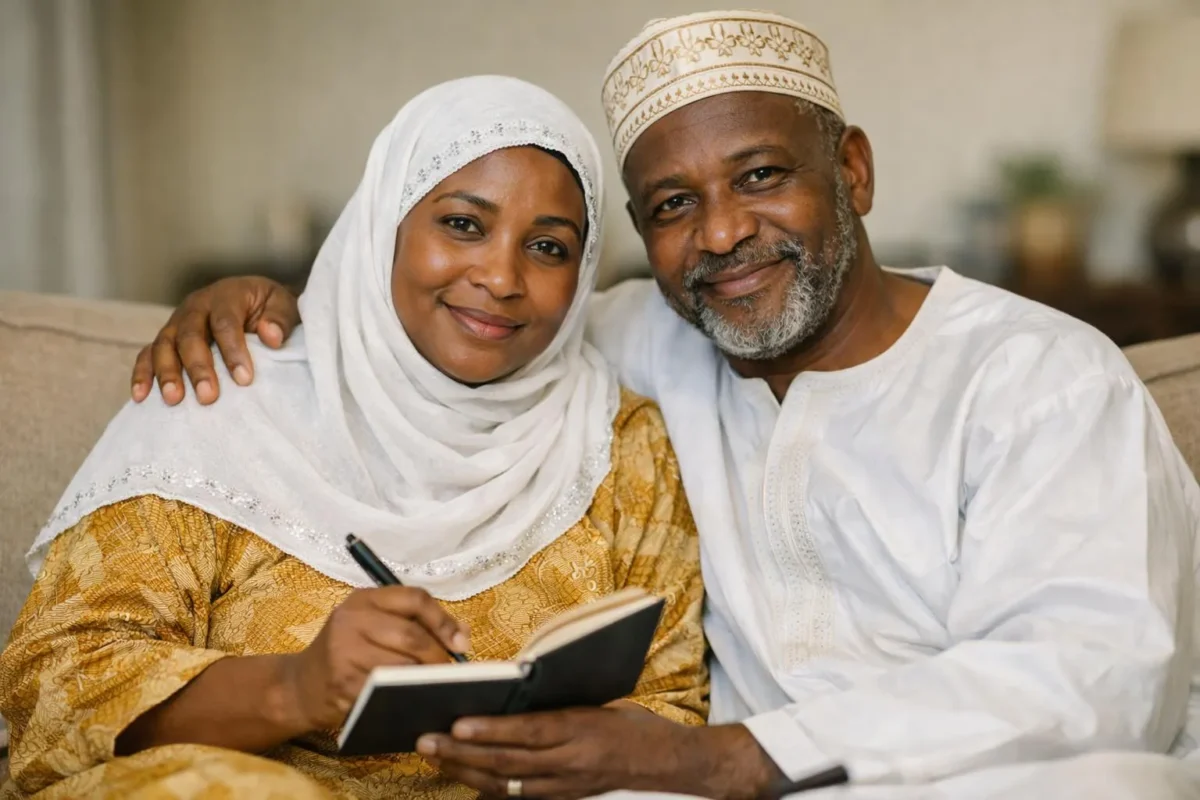 Couple de marabouts souriants et attentionnés, offrant des solutions aux problèmes de couple avec empathie et professionnalis