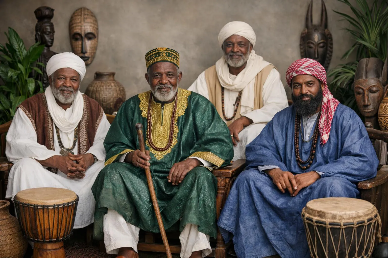 Quatre marabouts d'Afrique fiables et respectés dans leur environnement traditionnel.