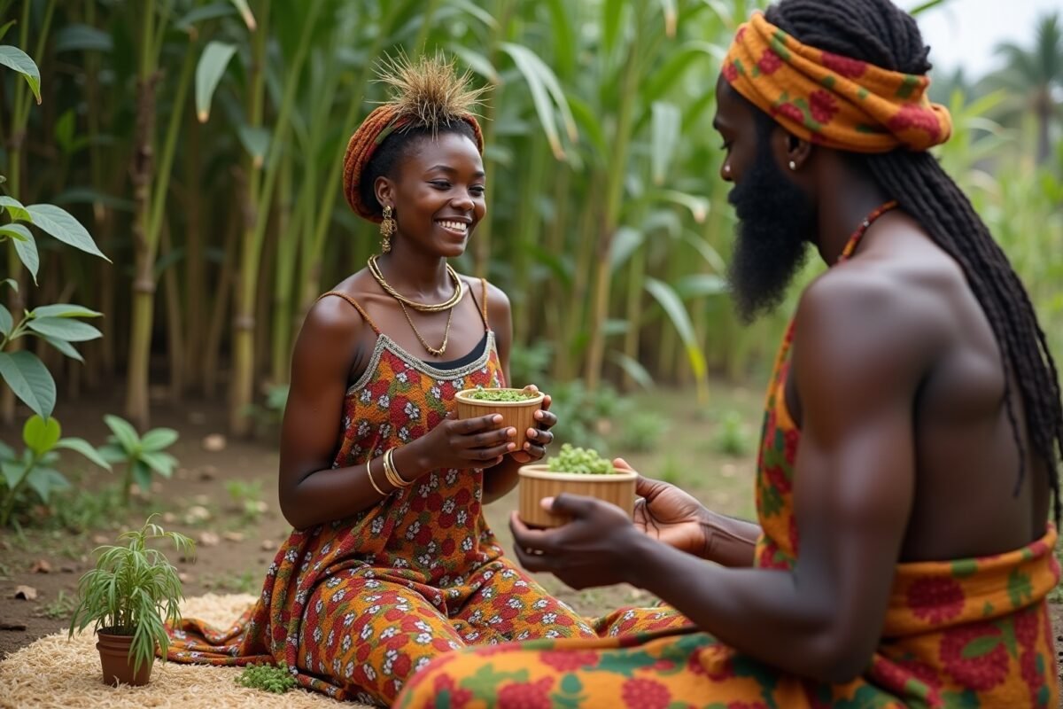 Rituel africain pour la fertilité, femme enceinte avec herbes sacrées, pratiques traditionnelles africaines.
