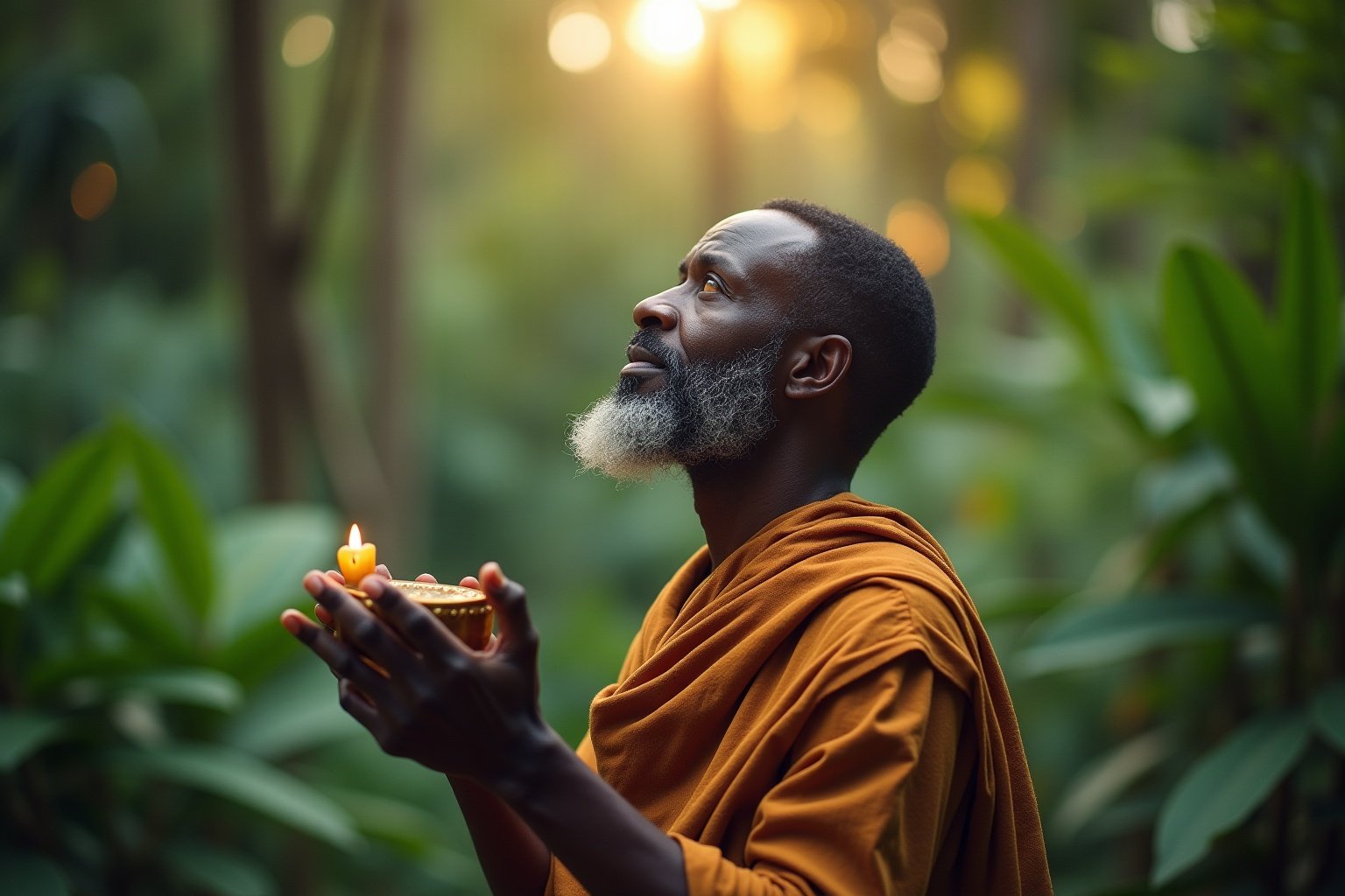 Désenvoûtement sorcellerie africaine, prêtre traditionnel africain en méditation profonde