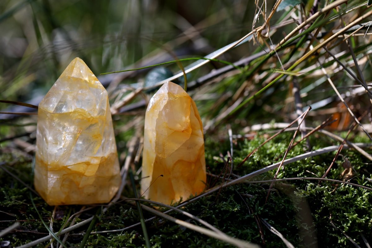 Deux cristaux de quartz jaunes sur un sol moussu.