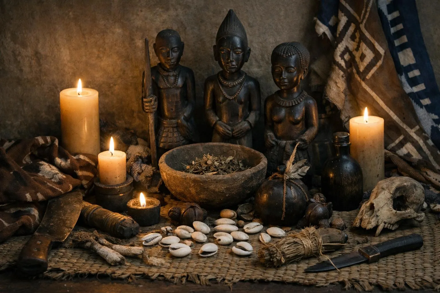 Autel rituel avec statuettes, bougies, herbes et coquillages.
