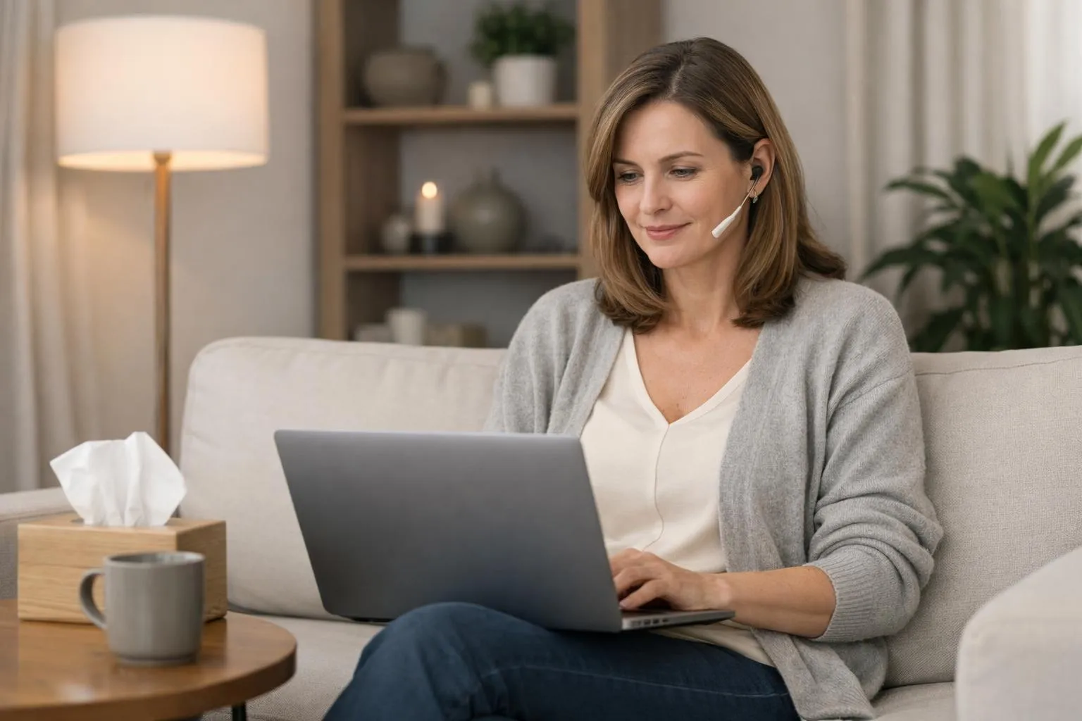 Femme travaillant sur ordinateur portable dans un salon confortable.