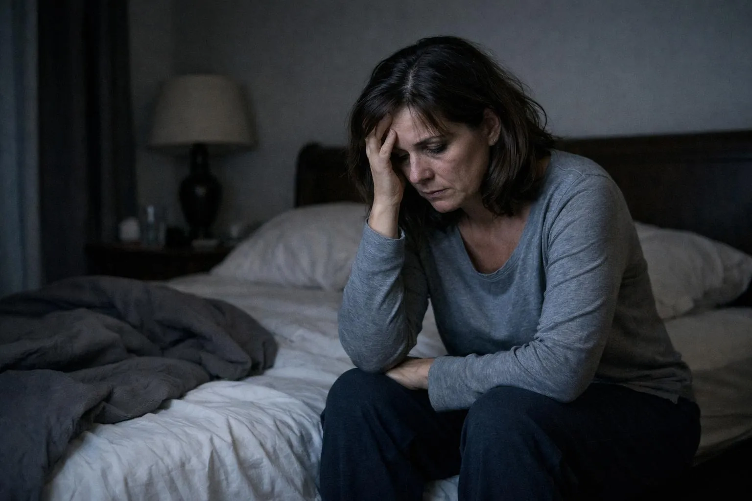 Femme assise sur un lit, l'air préoccupé et stressé.