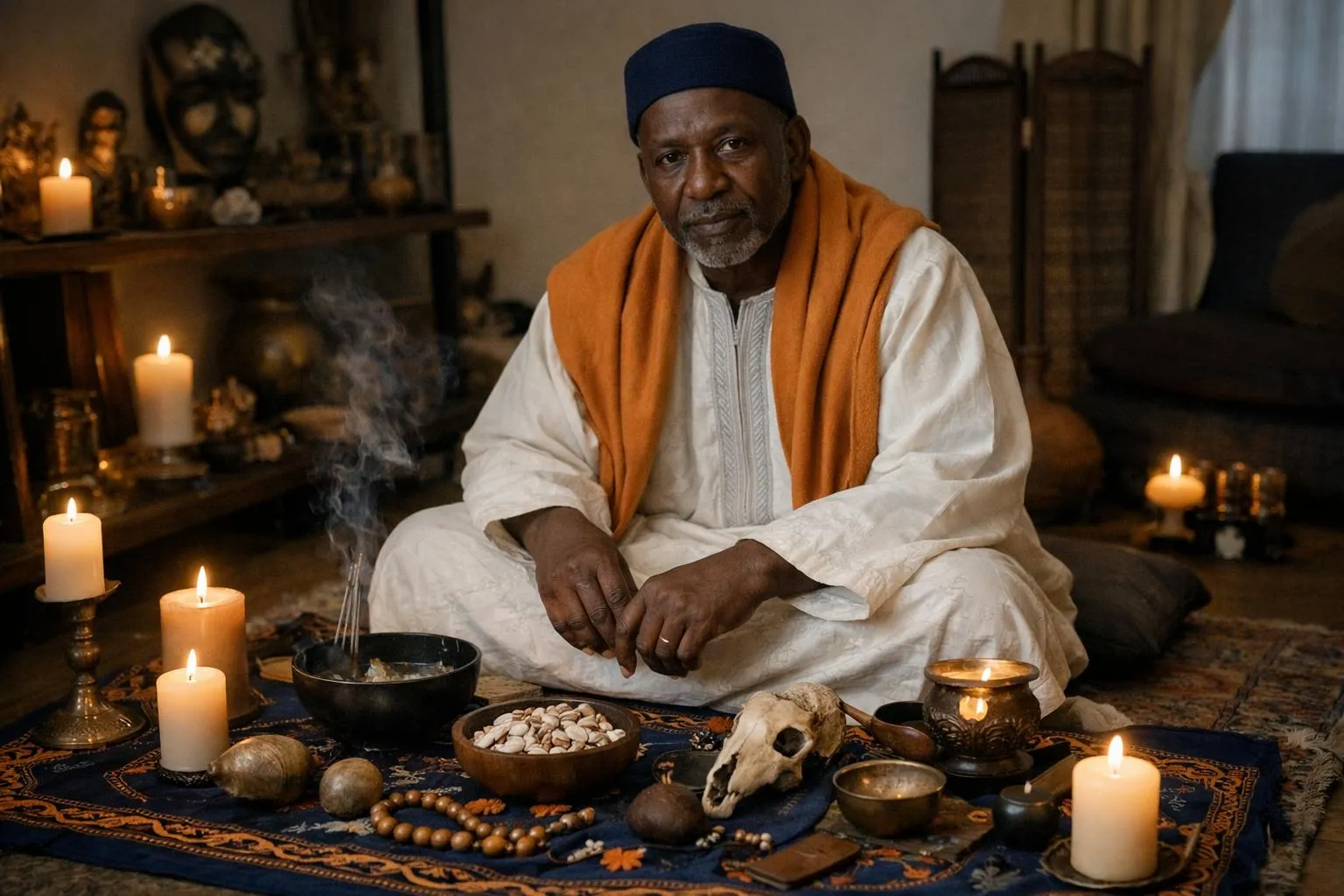 Homme âgé en tenue traditionnelle, méditant dans un environnement spirituel.