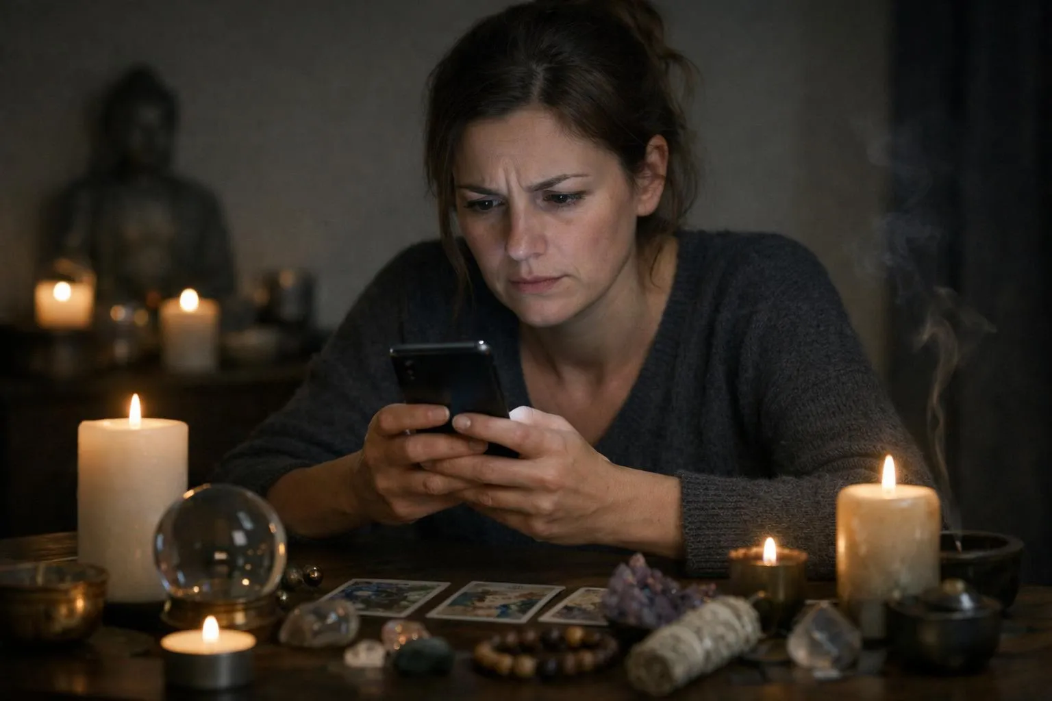 Femme concentrée examinant son téléphone portable dans un environnement sombre et mystique.