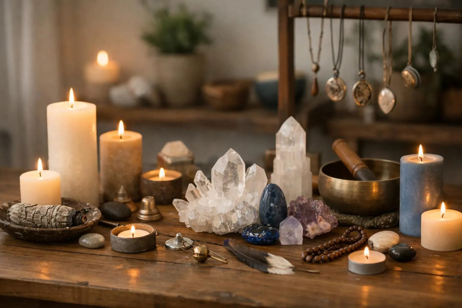 Bougies allumées, cristaux, pierres précieuses, objets de rituels spirituels.
