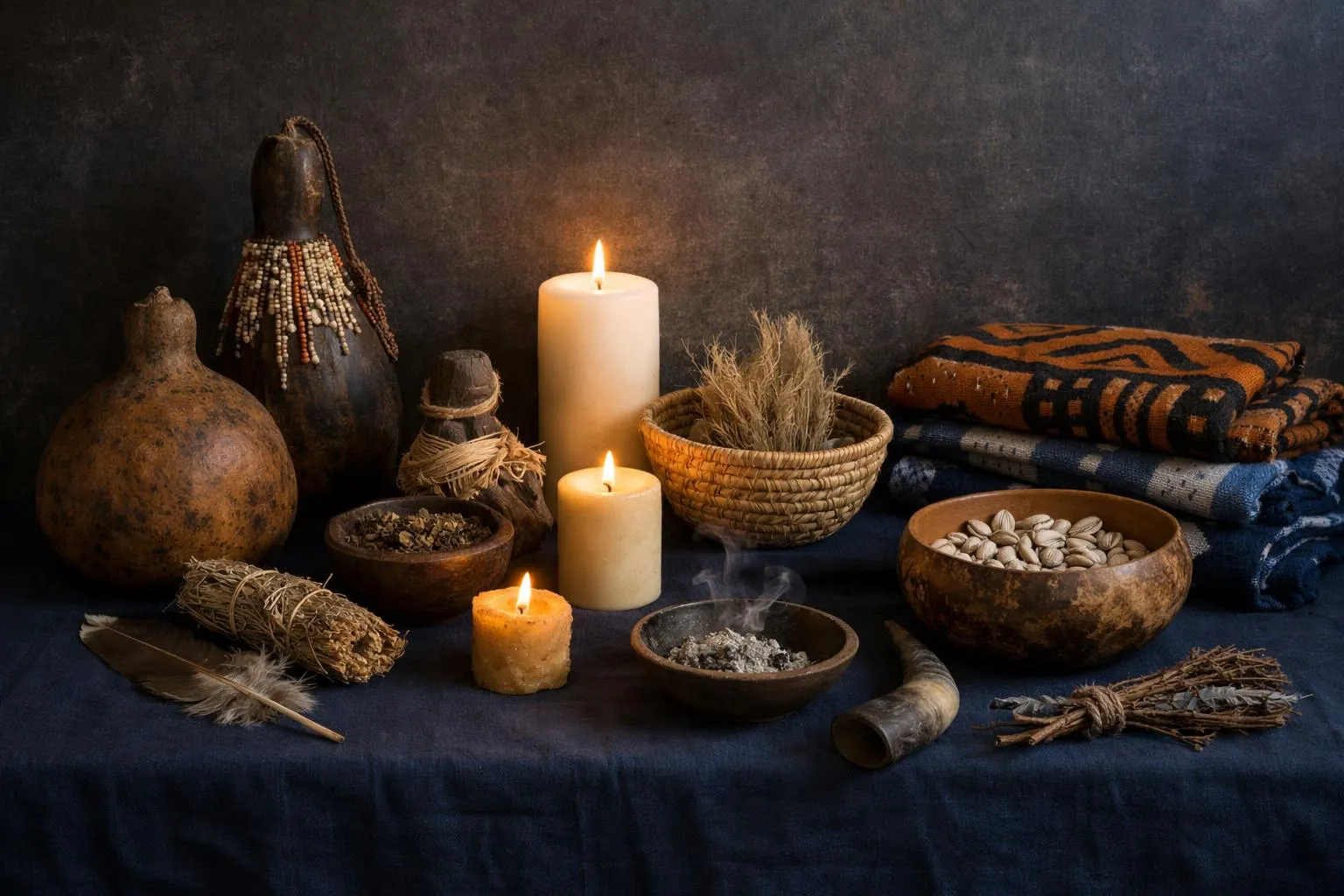 Objets ethniques, bougies allumées, épices et plantes aromatiques.