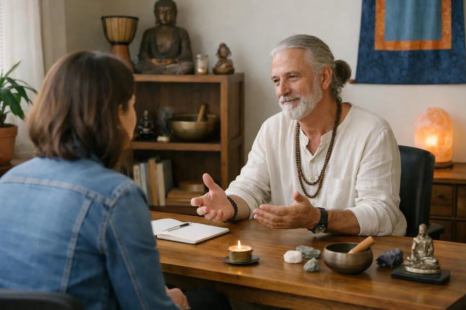 Homme âgé en méditation avec une femme dans un environnement spirituel.