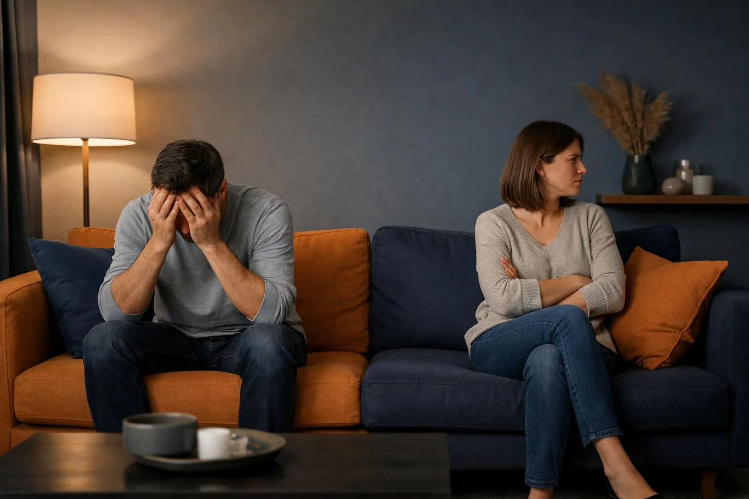 Couple en désaccord assis sur un canapé dans un salon sombre.